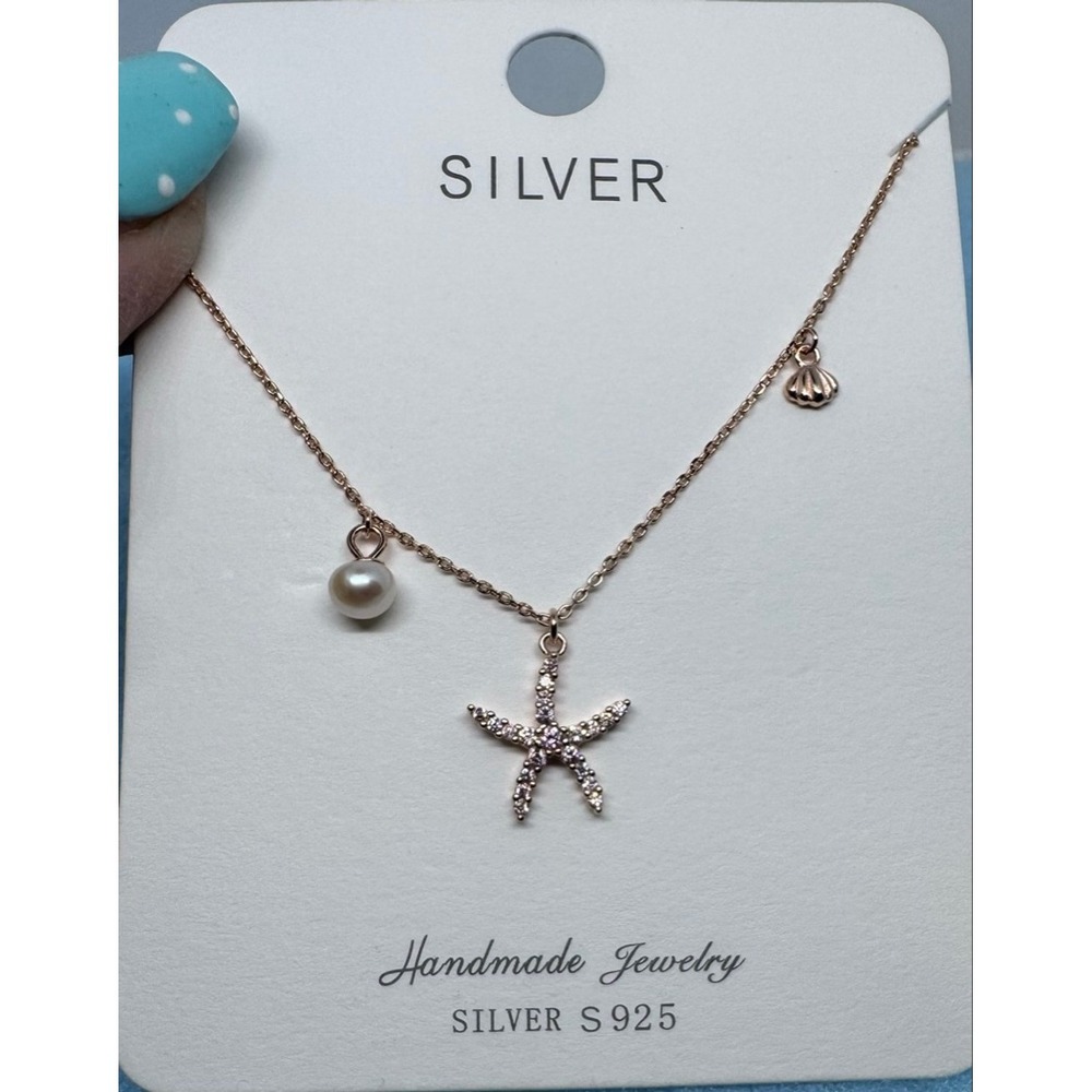Women's Rose Gold Starfish Pearl Shell Necklace One 925
